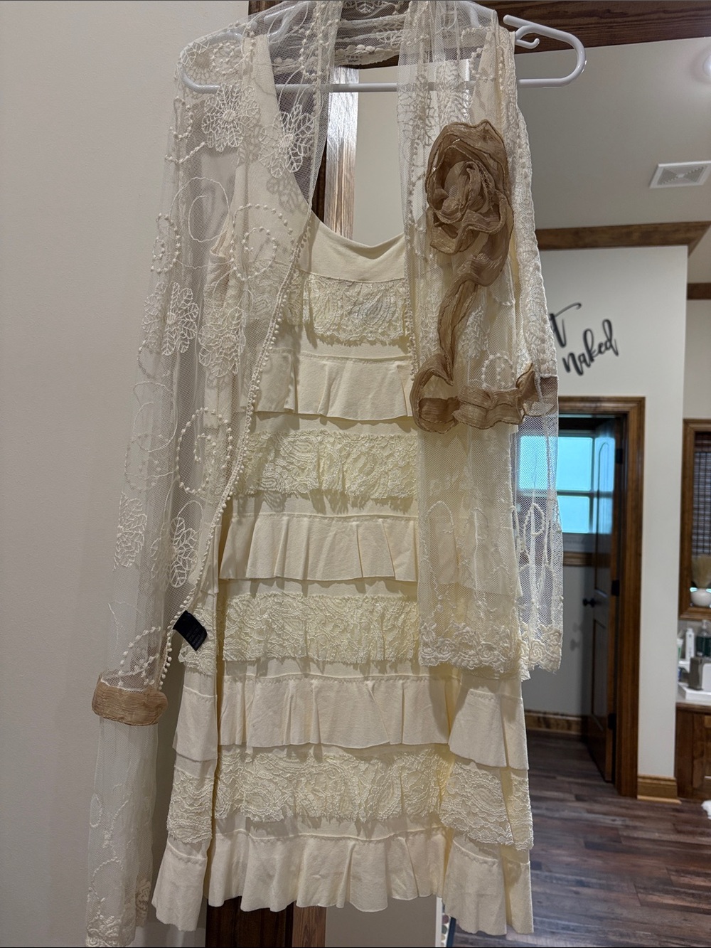 Cream Lace Tiered sleeveless Dress with Sheer Floral scarf